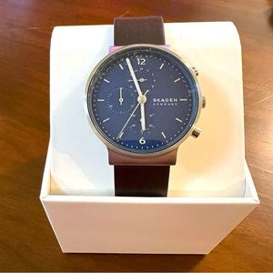 BNIB Skagen Ancher Chronograph Espresso Eco Leather Watch Engraved